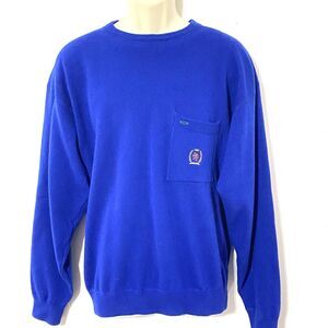 Vtg Tommy Hilfiger CREST Logo M Lambswool WOOL Blend POCKET Sweater ROYAL BLUE